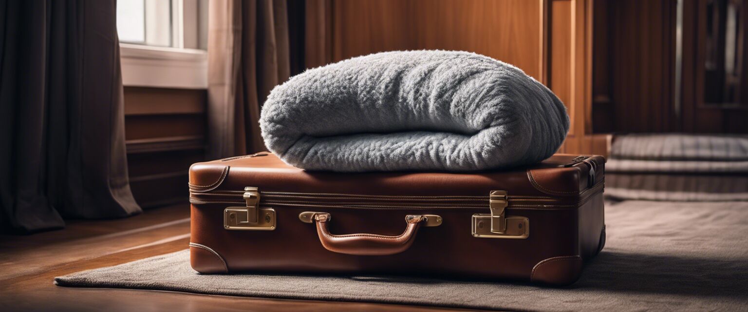 Cozy travel pillow and blanket on a suitcase